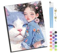 XIAOYOUQIAN Blue-Eyed Girl And Giant Cat,Pintura Por Números,40X50Cm,Diy Kit De Pintar Con Números,Pintura Al Óleo Con Pinceles Y Pigmento Acrílico Para Adultos Y Niños,Sin marco