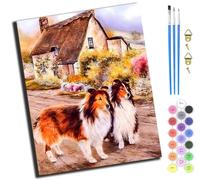 XIAOYOUQIAN Scottish Shepherd Dog Wooden House Landscape,Pintar Por Numeros Adultos Art - Manualidades Pintura Acrilica Kit Cuadro Diy Completo - 40X50Cm,Sin marco