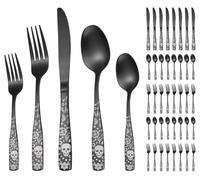 XIAOYU 40 piezas negro bizarre calavera cubiertos, juego de cubiertos gótico mate para servir para 8, diseño único de calavera esqueleto flor, cubiertos de Halloween vajilla para festivales utensilios