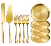 XIAOYU Juego de 10 piezas para servir pasteles, cuchillo y servidor de acero inoxidable con tenedores y platos de postre, servidores de pasteles y tartas para cumpleaños, fiestas y bodas (oro)