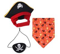 XIAOYU Juego de 3 piezas de disfraz de pirata para perro, pirata, sombrero pirata, cráneo, triangular, bandana y venda pirata, para perro, gato, Halloween, cosplay, naranja