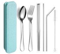 XIAOYU Juego de cubiertos reutilizables portátiles de 6 piezas, juego de cubiertos de acero inoxidable, juego de utensilios de viaje, incluye palillos/tenedor/cuchara/pajitas/cepillo de limpieza