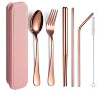 XIAOYU Juego de cubiertos reutilizables portátiles de 6 piezas, juego de cubiertos de acero inoxidable, juego de utensilios de viaje, incluye palillos/tenedor/cuchara/pajitas/cepillo de limpieza