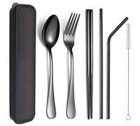 XIAOYU Juego de cubiertos reutilizables portátiles de 6 piezas, juego de cubiertos de acero inoxidable, juego de utensilios de viaje, incluye palillos/tenedor/cuchara/pajitas/cepillo de limpieza