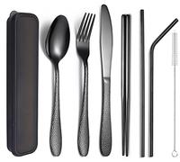 XIAOYU Juego de vajilla portátil de 7 piezas, juego de camping de viaje, juego de martillo reutilizable y caja de almacenamiento, incluyendo tenedor/cuchillo/cuchara/palillos/pajitas, negro