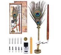 XIAOYU pluma de pluma retro, juego de tinta de pluma de pavo real pluma de inmersión de caligrafía con tinta, 10 puntas de repuesto, base de soporte de pluma, adecuado para principiantes
