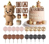 XIAQICA 25 Piezas Decoración Tarta Cumpleaños Marrón Oso Niños Cake Topper Ositos de Peluch para Niñas CumpleañOs Babyshower con Carta "BABY", Caja Regalo Amor, Caja Regalo Cuadrada y bolas