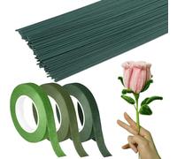 XIAQICA Herramientas Arreglo Floral Set 3 Rollo Cinta de Floristería Alambre Florista Verde 27m x 12mm Cinta Tallo Floral Adhesiva 100 Piezas Alambre de Flores para Envolver Ramos Flores Manualidades
