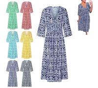 XIBHDN Bohemian Casual Print V-Neck Waist Wrap Long Dress, 3/4 Sleeve Flowy Dresses for Women, Casual Print V-Neck Long Dress (FR/ES, Letras, XL, Regular, Regular, Navy Blue)