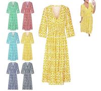 XIBHDN Bohemian Casual Print V-Neck Waist Wrap Long Dress, 3/4 Sleeve Flowy Dresses for Women, Casual Print V-Neck Long Dress (FR/ES, Letras, M, Regular, Regular, Yellow)