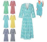 XIBHDN Bohemian Casual Print V-Neck Waist Wrap Long Dress, 3/4 Sleeve Flowy Dresses for Women, Casual Print V-Neck Long Dress (FR/ES, Letras, XXL, Regular, Regular, Blue)