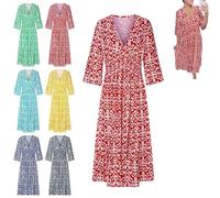 XIBHDN Bohemian Casual Print V-Neck Waist Wrap Long Dress, 3/4 Sleeve Flowy Dresses for Women, Casual Print V-Neck Long Dress (FR/ES, Letras, M, Regular, Regular, Red)