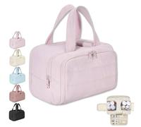 XIBHDN Cureaway Travel Cosmetic Bag,Large Capacity Wide-Open Travel Cosmetic Bag,Waterproof Portable Pouch Open Flat Toiletry Bags for Women with Divider and Handle (Pink)