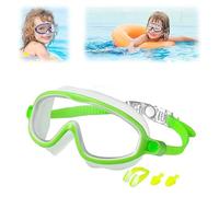 XIBHDN Suvaya Swimming Goggles,HD Children's Large Frame Waterproof and Anti-fog Swimming Goggles,Kids Swim Goggles with Nose Cover (White Green Transparent)