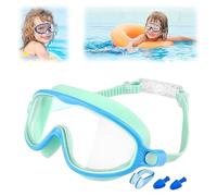 XIBHDN Suvaya Swimming Goggles,HD Children's Large Frame Waterproof and Anti-fog Swimming Goggles,Kids Swim Goggles with Nose Cover (Green Blue Transparent)