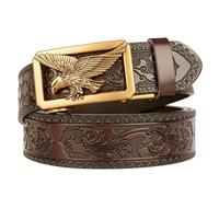 xichuangyuXCY Cinturón de trinquete de piel para hombre, diseño retro de dragón, águila, tigre, hebilla tallada, informal, cinturón de negocios, 49 pulgadas, Brown Flower Pattern Eagle, M