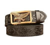 xichuangyuXCY Cinturón de trinquete de piel para hombre, diseño retro de dragón, águila, tigre, hebilla tallada, informal, cinturón de negocios, 49 pulgadas, Black Flower Pattern Eagle, M