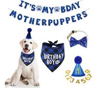 Xiciki Decoraciones de cumpleaños para perros - Sombrero de cumpleaños para perro con bandana, números de pajarita, cartel con texto en inglés "It's My Bday Mother Puppers", para suministros de fiesta