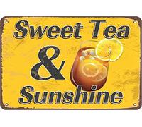 Xiddxu Cartel de lata con texto en inglés "Sweet Tea & Sunshine", 30,5 x 40,6 cm, diseño de criatura graciosa y vintage, placa de metal con personalidad novedosa