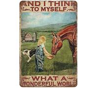 Xiddxu Letrero de metal retro Dreacoss, Farm Girl and I Think to My Self What A Wonderful Word, letrero de lata de niña de granja, 5.5 x 8 pulgadas, decoración vintage de pared para el hogar, 5.5 x 8