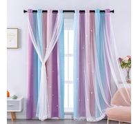 XiDi Cortinas de Guardería 132×244cm para Habitación de Niños Adultos Cortinas Ombre con Decoraciones de Puerta de Vidrio Transparente Estrellas Recortadas Anillo Anillo Top Rosa Azul Púrpura 2 Capas