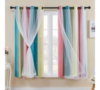 XiDi Cortinas Opacas Amarillas con Red 137 cm Drop out Hollow out Star Pattern Mix Blanco Voile Transparente Cortinas de Ojales Cortas para Niños Dormitorio
