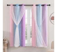 XiDi Cortinas Opacas Azules con Red 137 cm Drop out Hollow out Star Pattern Mix Blanco Voile Transparente Cortinas de Ojales Cortas para Niños Dormitorio