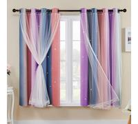XiDi Cortinas Opacas con Red 137 cm Drop out Hollow out Star Pattern Mix Blanco Voile Transparente Cortinas de Ojales Cortas para Niños Dormitorio Preadolescente