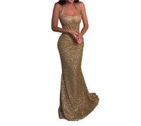 XIEHYA Vestido Halter con Lentejuelas Doradas for Mujer, Cuello Cuadrado, Detalle Fruncido, Tren de Sirena, Corte Ajustado, Elegante Vestido Formal Fiesta Noche for para Boda, Bola, Fiesta(M)