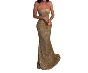 XIEHYA Vestido Halter con Lentejuelas Doradas for Mujer, Cuello Cuadrado, Detalle Fruncido, Tren de Sirena, Corte Ajustado, Elegante Vestido Formal Fiesta Noche for para Boda, Bola, Fiesta(S)