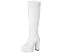 XIEPP Botas altas retro para mujer, con ribete de encaje, cremallera lateral, tacón de bloque, forro interior cálido para diferentes estilos de moda de invierno, Blanco, 41 EU