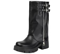 XIEPP Elegante bota de mujer con puntera redonda y caña media con hebilla de metal, botas de combate con tacón grueso para uso diario, Negro , 38 EU
