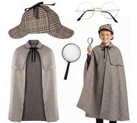 Xietaea Juego de accesorios para disfraz de detective para niños, 4 piezas de accesorios Sherlock Holmes con capa, sombrero, gafas y lupa, accesorios de cosplay para Halloween, carnaval, fiestas