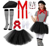 Xietaea Pantomime - Disfraz de carnaval para mujer, accesorios de payaso con boina, guantes, bufanda, tirantes, falda, calcetines, tatuaje facial para Halloween, fiesta temática, circo, cosplay