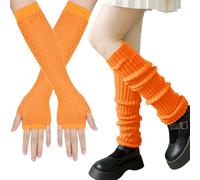 XIEXIESHER Calentadores piernas Neón, con Guantes Malla sin Dedos, Puños de Neón, Accesorios de Disfraces de los Años 80 y 90, Fiesta disco, Accesorios de Carnaval de Halloween(naranja)