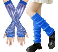 XIEXIESHER Calentadores piernas Neón, con Guantes Malla sin Dedos, Puños de Neón, Accesorios de Disfraces de los Años 80 y 90, Fiesta disco, Accesorios de Carnaval de Halloween(azul)