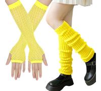XIEXIESHER Calentadores piernas Neón, con Guantes Malla sin Dedos, Puños de Neón, Accesorios de Disfraces de los Años 80 y 90, Fiesta disco, Accesorios de Carnaval de Halloween(amarillo)