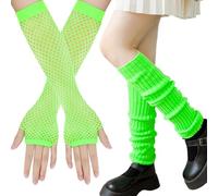 XIEXIESHER Calentadores piernas Neón, con Guantes Malla sin Dedos, Puños de Neón, Accesorios de Disfraces de los Años 80 y 90, Fiesta disco, Accesorios de Carnaval de Halloween(verde)