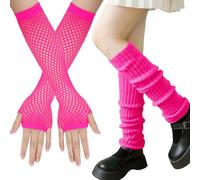 XIEXIESHER Calentadores piernas Neón, con Guantes Malla sin Dedos, Puños de Neón, Accesorios de Disfraces de los Años 80 y 90, Fiesta disco, Accesorios de Carnaval de Halloween(naranja)
