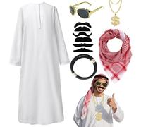 XIEXIESHER Disfraz Jeque Arabe Hombre, Sheikh Traje Árabe, Arabian Costume Hombre, Conjunto de Disfraz jeque, Con Venda, Collar, Bufanda, 6 Barba, Gafas de Sol, Adecuado para El Carnaval, Cosplay