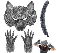 XIEXIESHER Mascara Lobo, 4 Piezas Máscara Hombre Lobo, Disfraz Hombre LoboIncluye Incluye Máscara Guantes Cola, Disfraz Halloween Hombre Lobos, Accesorio Halloween, Carnaval
