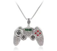XIGAWAY Collar con colgante de controlador de juego de diamantes de imitación unisex, dije de aleación de oro, plata y negro, cadena de perlas cuadradas de 60 cm, regalo de joyería, 1, Metal, Sin