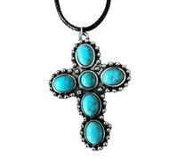 XIGAWAY Collar con colgante de cruz turquesa, gargantilla de aleación de plata antigua con cordón de cuero, joyería artística vintage de 21 pulgadas, colección primavera 2025