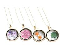 XIGAWAY Collar con colgante de trébol para mujer, muestra botánica de flores reales en cristal, cadena de cuentas redondas de 60 cm, regalo de joyería, 1, Metal, Sin piedra preciosa