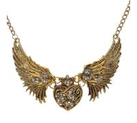 XIGAWAY Collar de ala vintage con colgante de corazón, joyería unisex con detalles de cristal, tono dorado