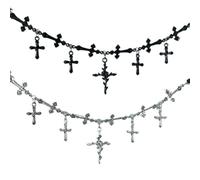 XIGAWAY Collar de cruz geométrica para mujer, colgante de corazón de doble capa, collar gótico negro y plateado, cadena ajustable de 45 + 5 cm con cierre de langosta, 1, Metal, Sin piedra preciosa