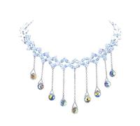 XIGAWAY Collar de perlas con borla de cristal, gargantilla ajustable de 36 + 5 cm con colgante geométrico, cadena de capas plateadas para mujer, delicado regalo de joyería bohemia