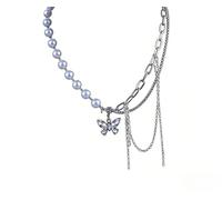 XIGAWAY Collar de perlas de mariposa y lazo con circonita y flecos, 39 + 5 cm, ajustable, plata Ruyi, cadena de serpiente, collar de clavícula para mujer
