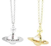 XIGAWAY Collar vintage de Saturno, colgante de aleación 3D con detalles de circonita, cadena larga de oro y plata para mujer, 1, Metal, No es una piedra preciosa