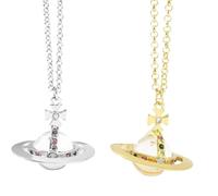 XIGAWAY Collar vintage de Saturno, colgante de aleación 3D con detalles de circonita, cadena larga de oro y plata para mujer, 1, Metal, No es una piedra preciosa